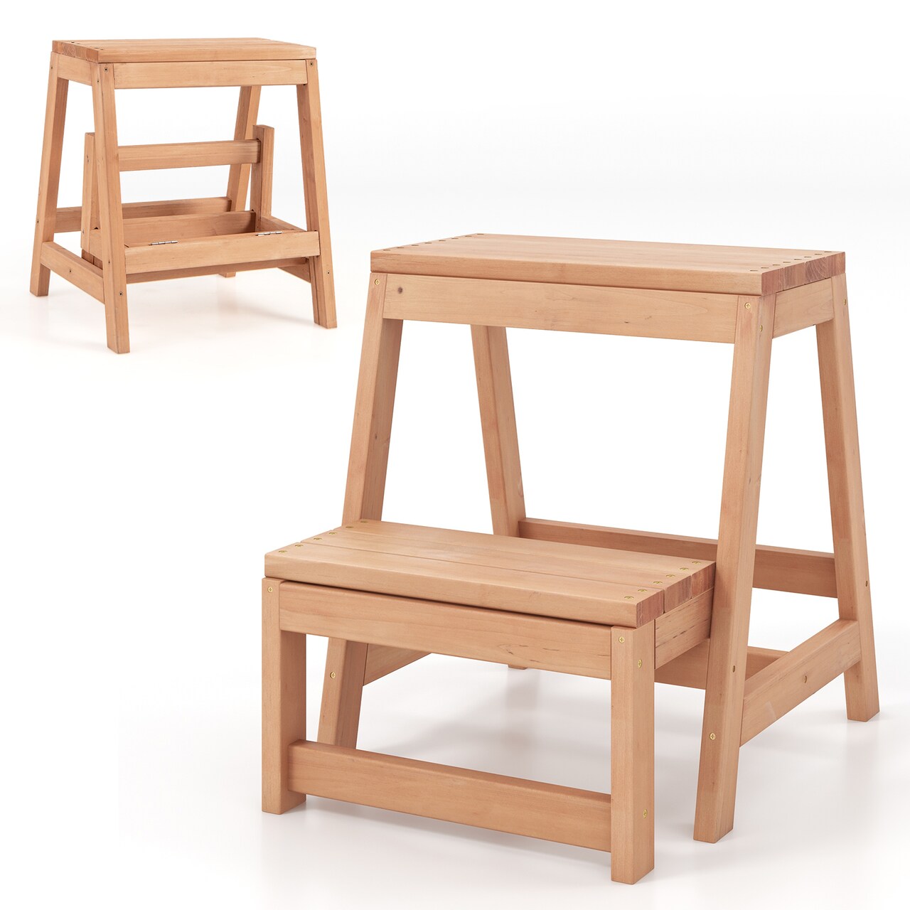 Multipurpose Natural Wooden Foldable 2-Tier Step Stool with H-Shaped Bottom Suitable for Any Small Space
